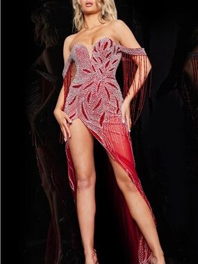 Jovani Red Crystal-Beaded One-Shoulder Fringe Gown
